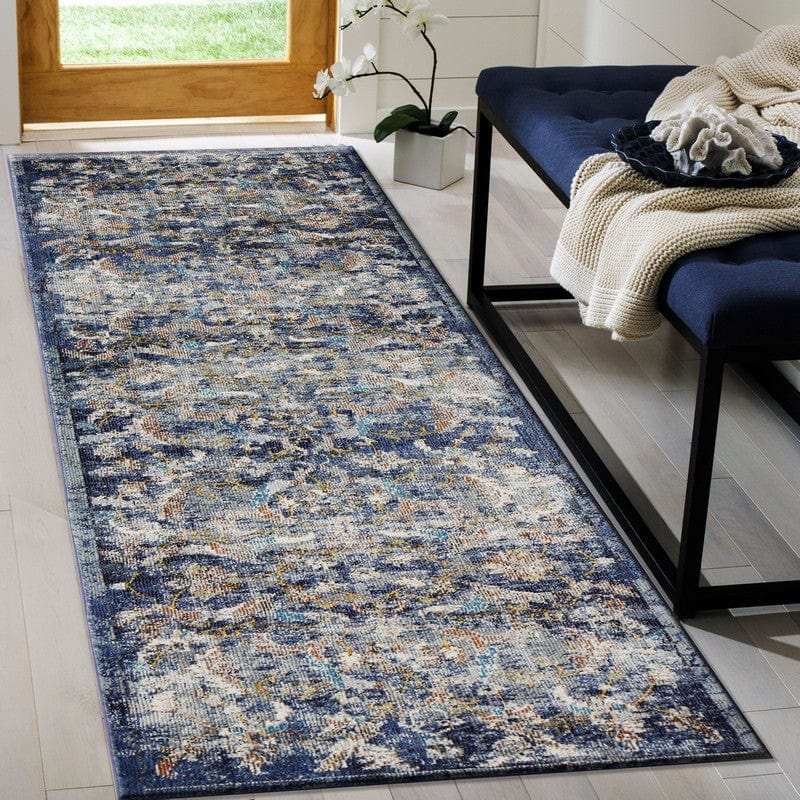 2' X 9' Blue and White Jacobean Pattern Runner Rug - Homeroots - Flyclothing LLC