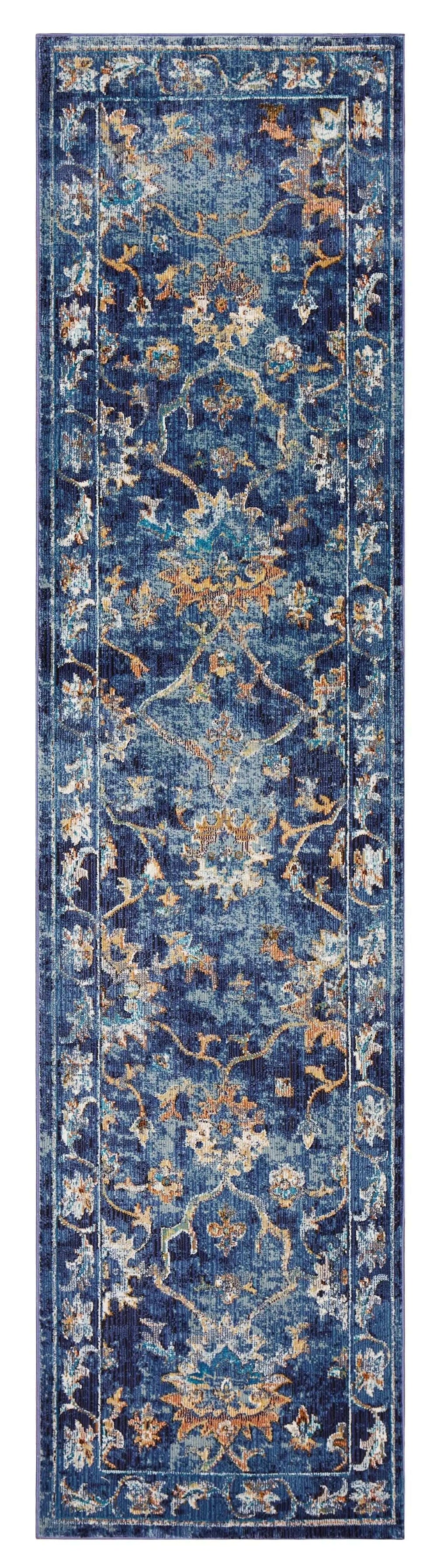 2' X 9' Blue and Gold Jacobean Runner Rug - Homeroots - Flyclothing LLC