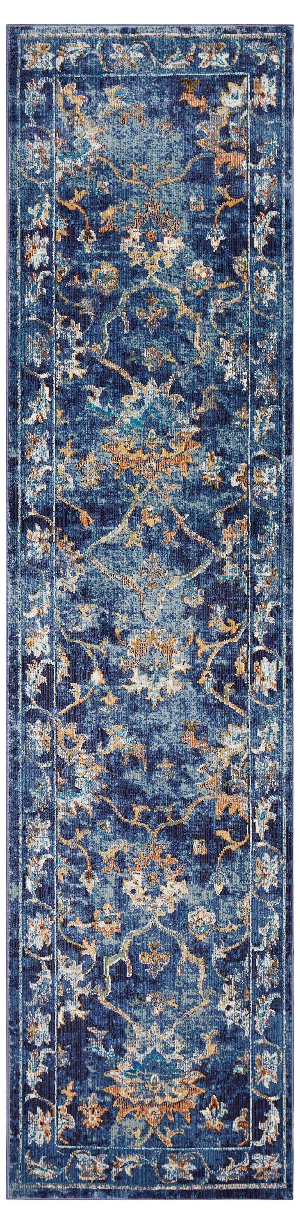 2' X 9' Blue and Gold Jacobean Runner Rug - Homeroots - Flyclothing LLC