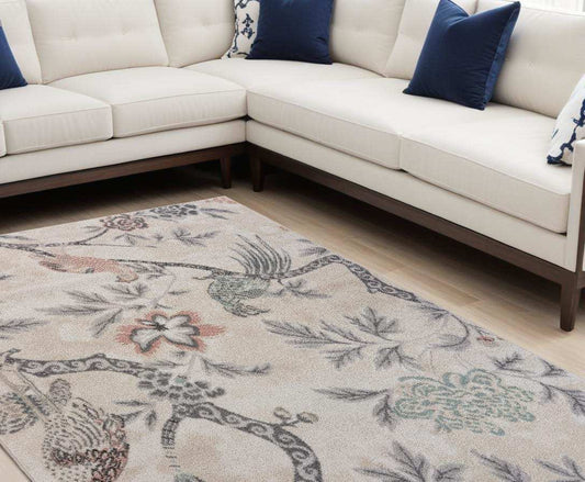 8' X 10' Soft Beige Birds and Trees Area Rug - Homeroots - Flyclothing LLC