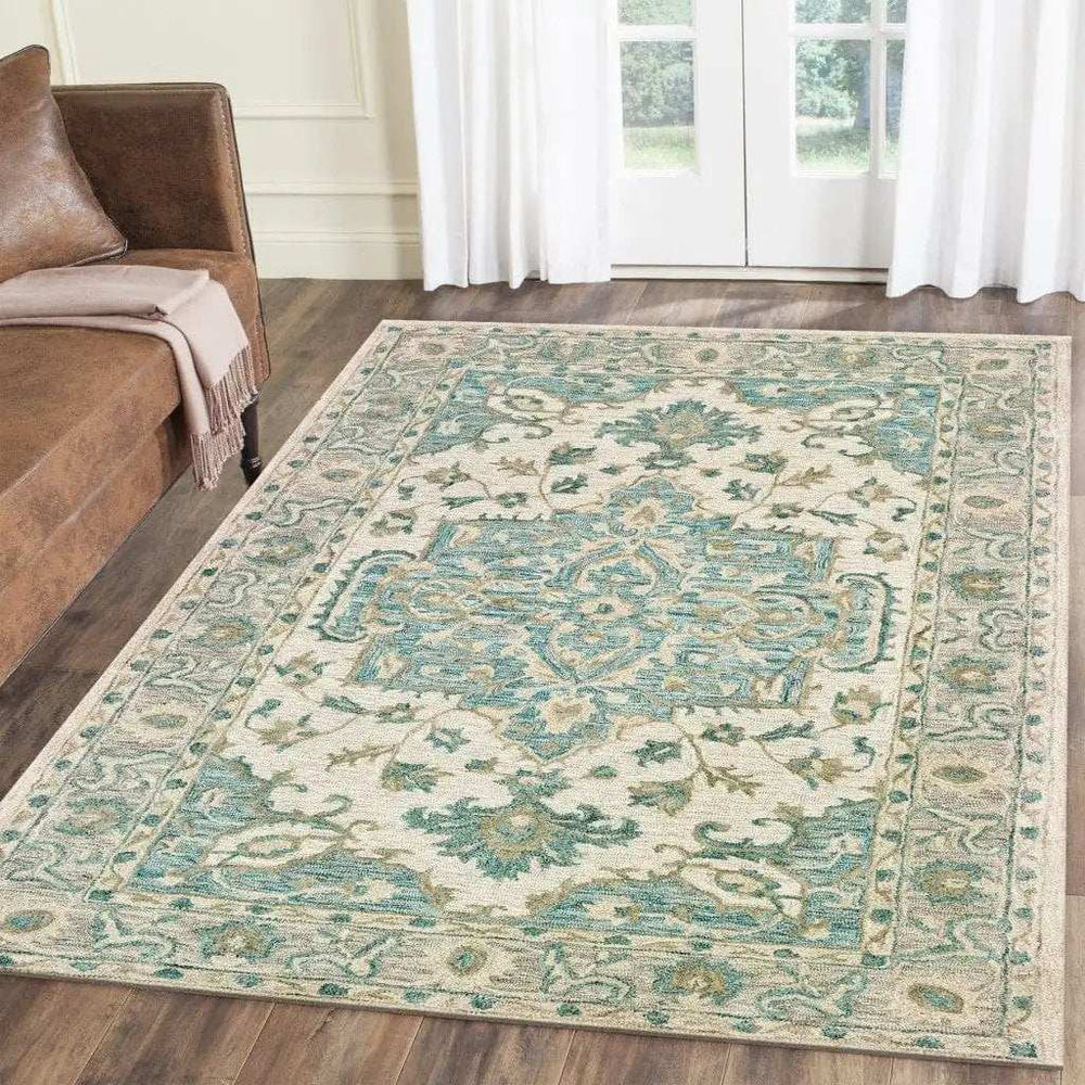 5' X 8' Turquoise and Cream Medallion Area Rug - Homeroots - Flyclothing LLC