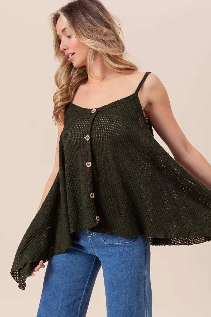 BiBi Popcorn Waffle Knit with Buttoned Front Cami Top - Trendsi - Flyclothing LLC