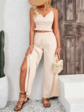 Smocked Surplice Cami and Wide Leg Pants Set - Trendsi - Flyclothing LLC