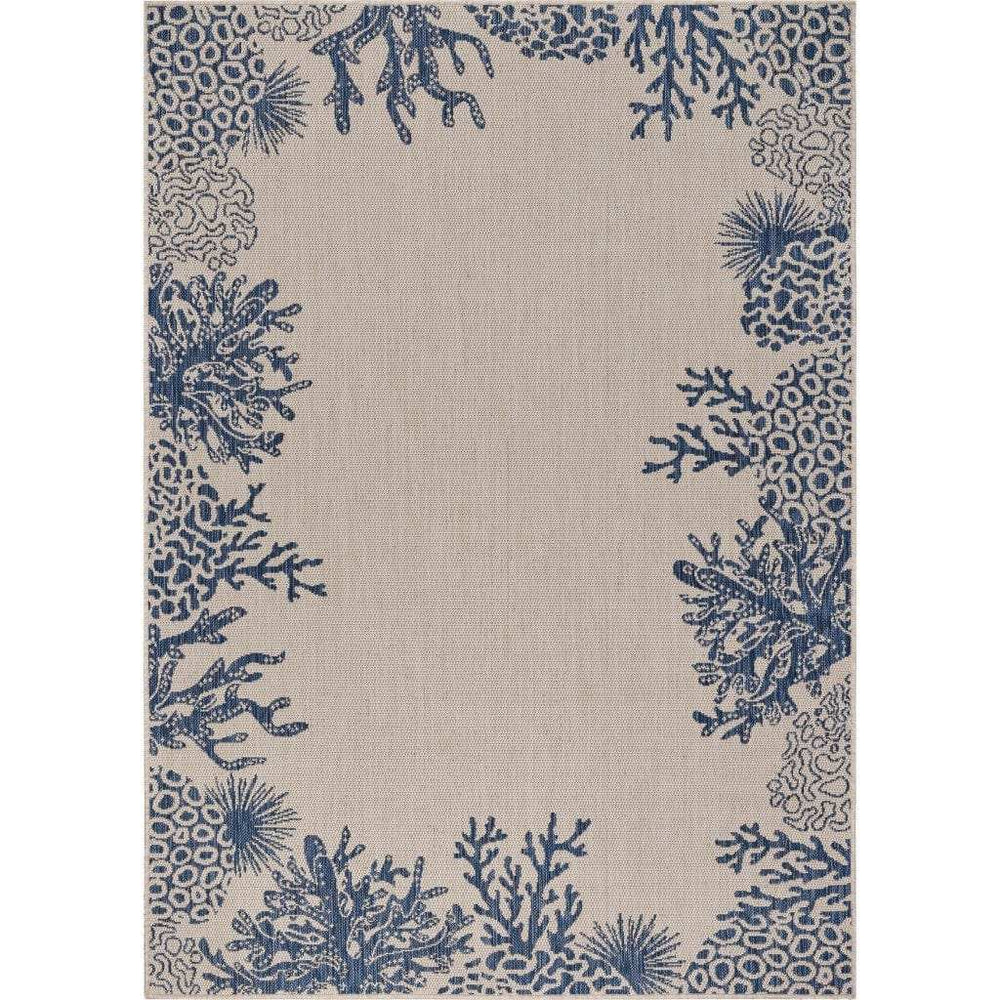 5' X 7' Beige and Blue Coral Stain Resistant Indoor Outdoor Area Rug - Homeroots - Flyclothing LLC