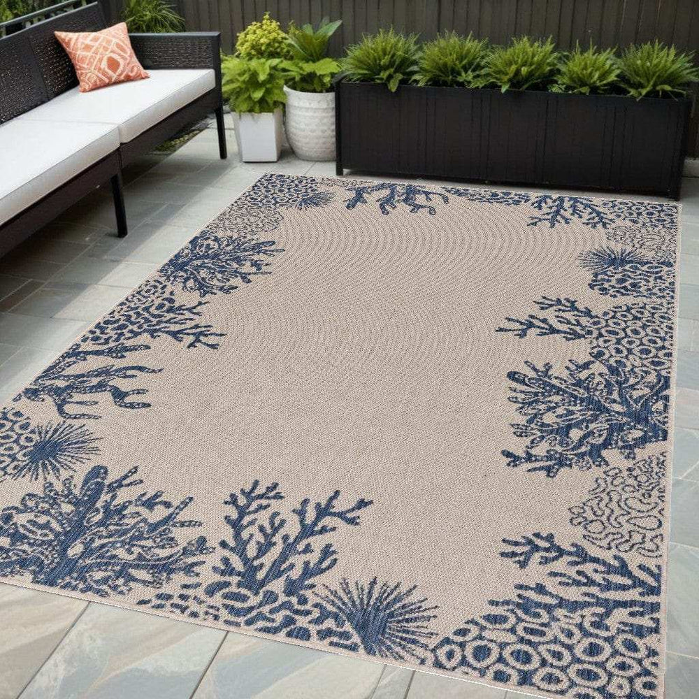5' X 7' Beige and Blue Coral Stain Resistant Indoor Outdoor Area Rug - Homeroots - Flyclothing LLC
