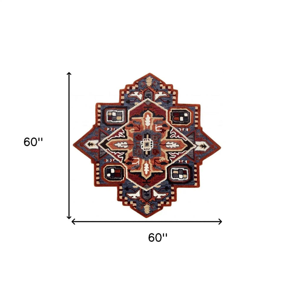 5’ Maroon and Blue Medallion Area Rug - Homeroots - Flyclothing LLC