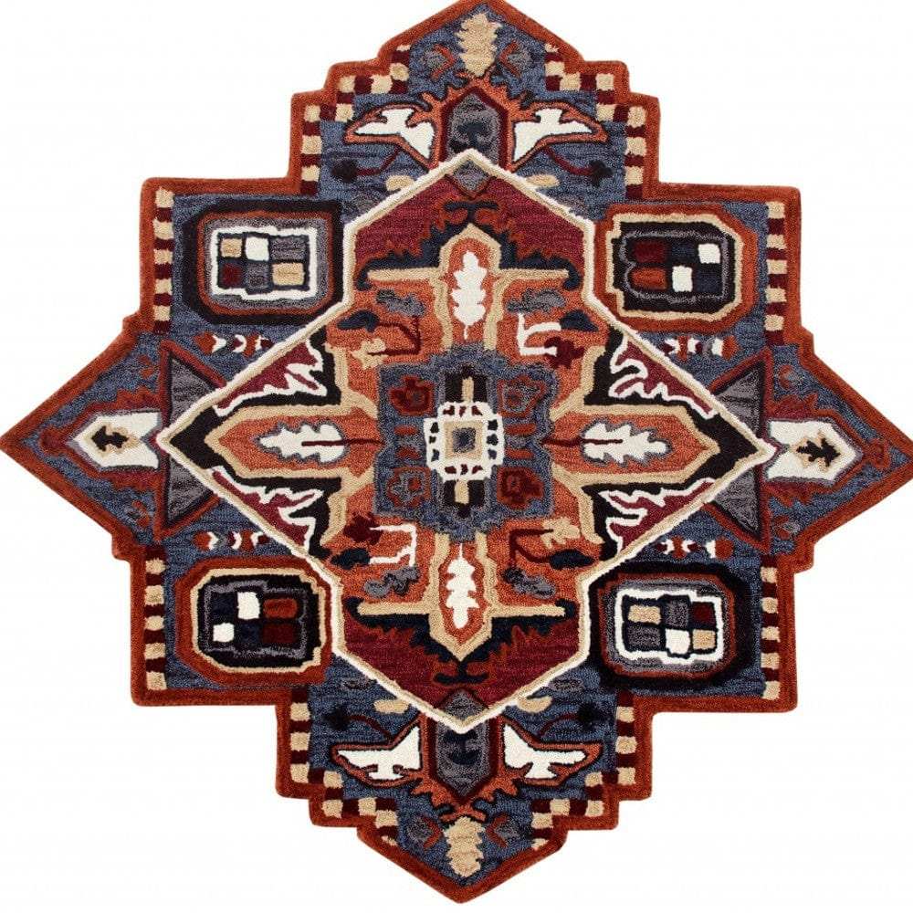 5’ Maroon and Blue Medallion Area Rug - Homeroots - Flyclothing LLC