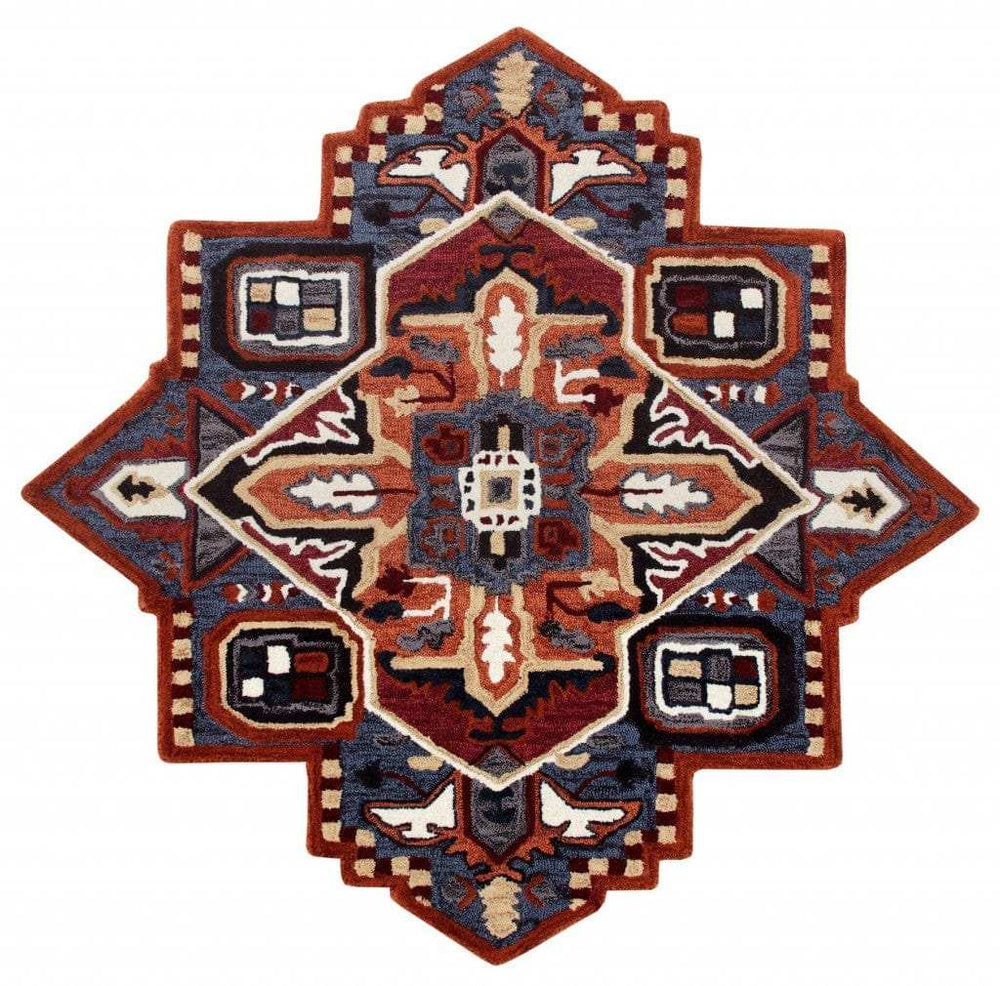 5’ Maroon and Blue Medallion Area Rug - Homeroots - Flyclothing LLC