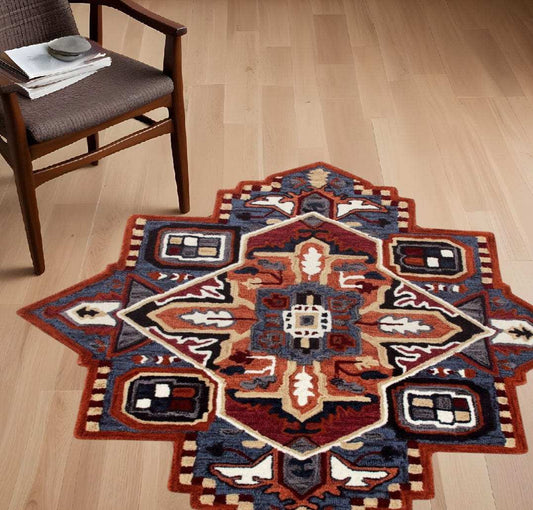 5’ Maroon and Blue Medallion Area Rug - Homeroots - Flyclothing LLC