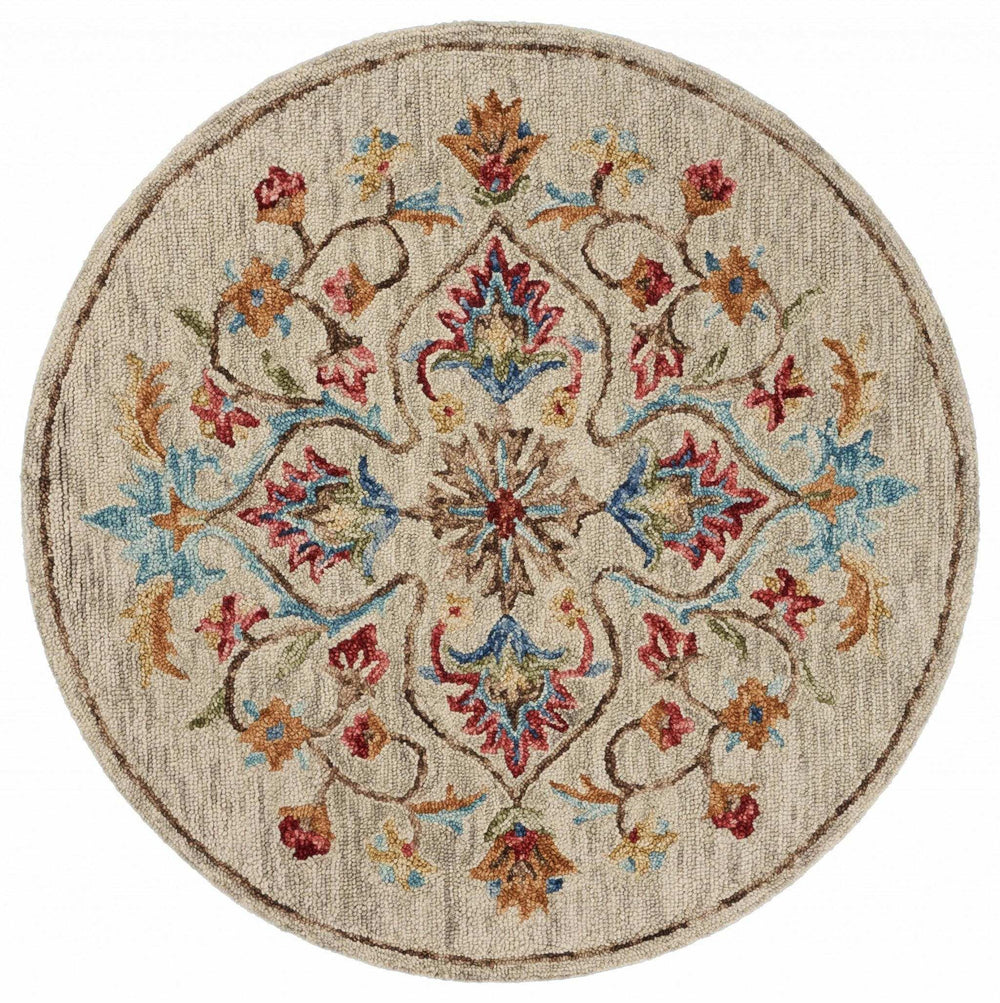 4' Round Beige Floral Medallion Area Rug - Homeroots - Flyclothing LLC