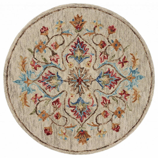 4' Round Beige Floral Medallion Area Rug - Homeroots - Flyclothing LLC