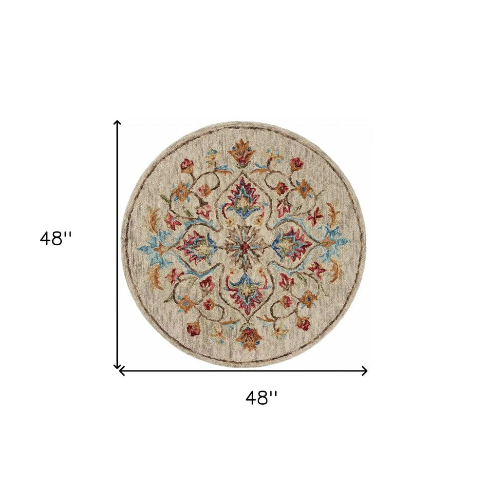 4' Round Beige Floral Medallion Area Rug - Homeroots - Flyclothing LLC