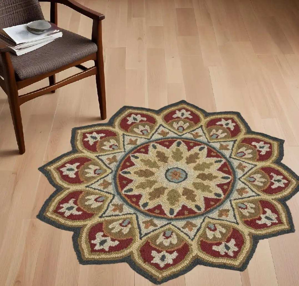 4' Round Red Decorative Petaled Edge Area Rug - Homeroots - Flyclothing LLC