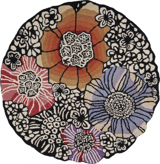 4' Round Red and Black Floral Area Rug - Homeroots - Flyclothing LLC