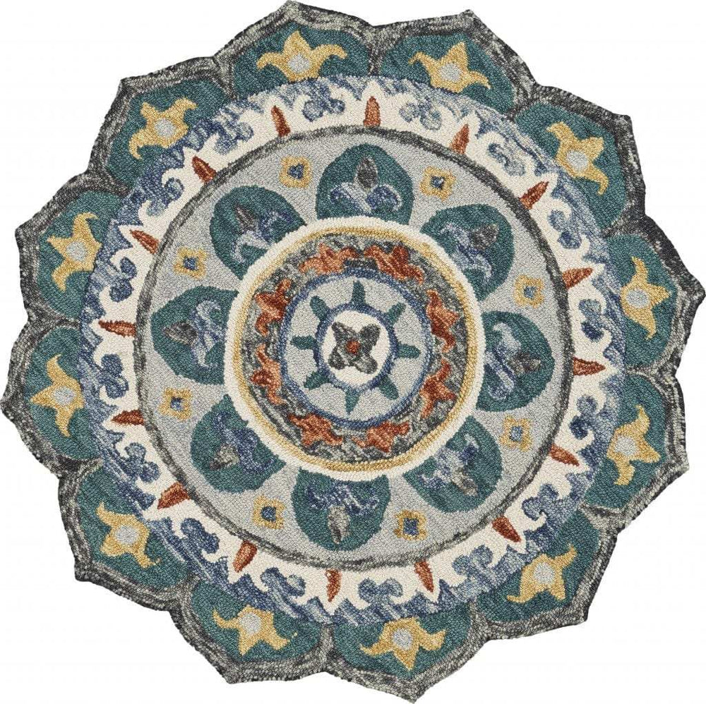 4' Round Teal Decorative Floral Area Rug - Homeroots - Flyclothing LLC