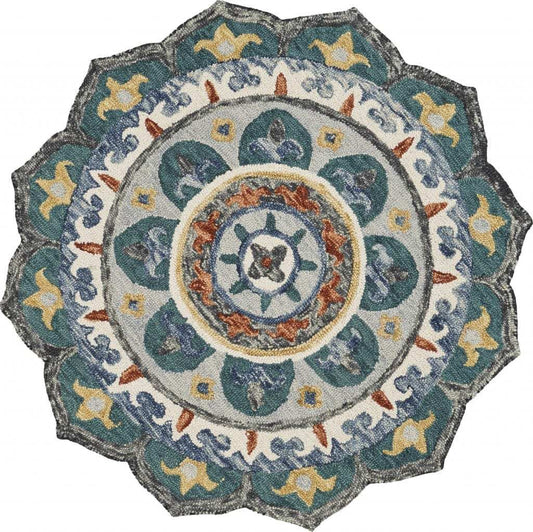 4' Round Teal Decorative Floral Area Rug - Homeroots - Flyclothing LLC