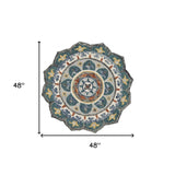 4' Round Teal Decorative Floral Area Rug - Homeroots - Flyclothing LLC