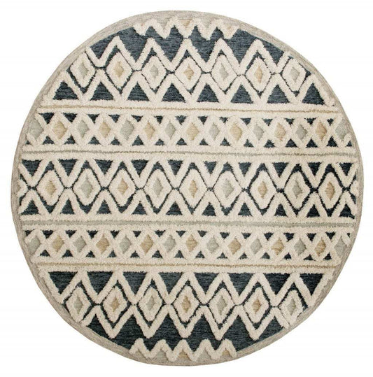 6' Round Blue and Cream Striped Diamonds Area Rug - Homeroots - Flyclothing LLC