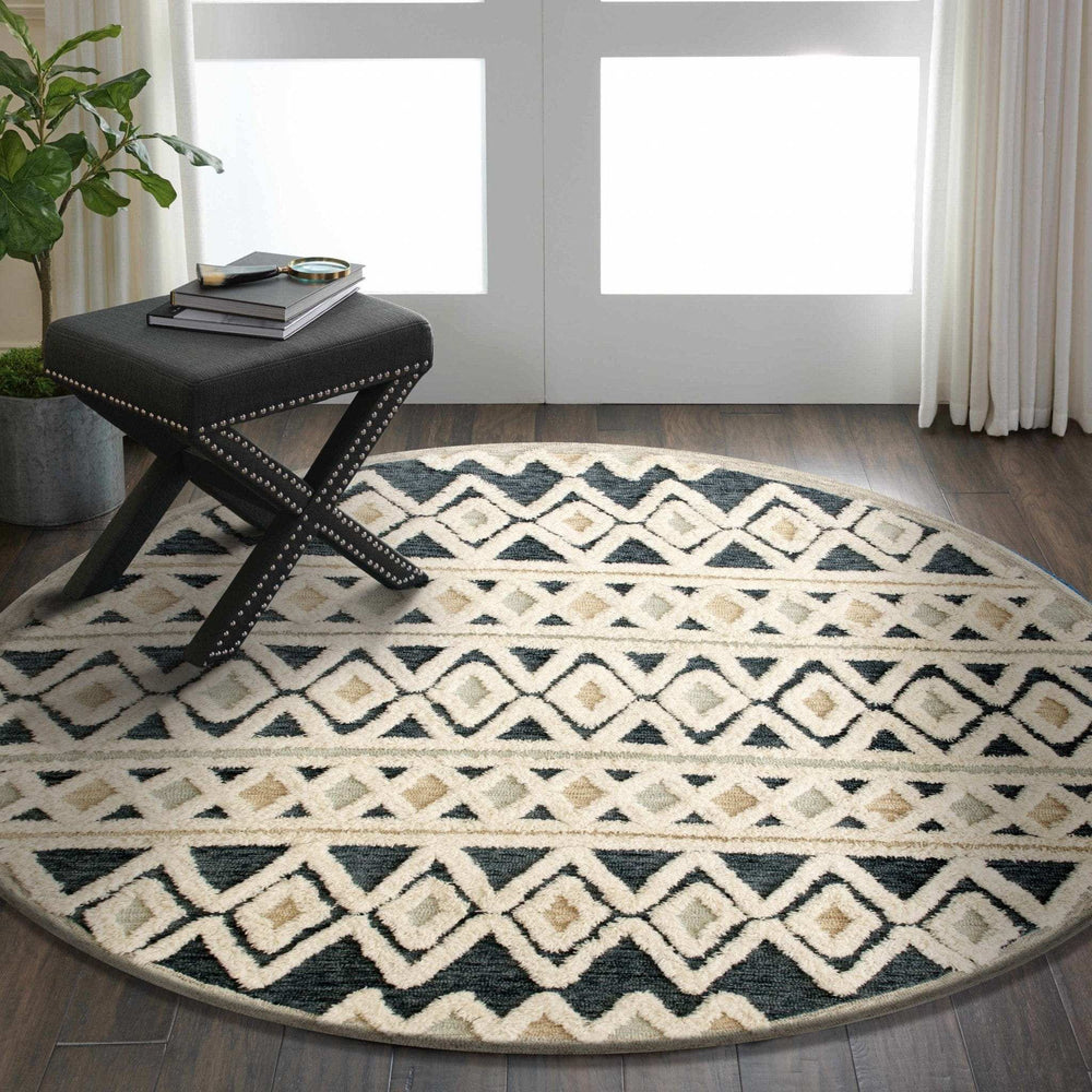 6' Round Blue and Cream Striped Diamonds Area Rug - Homeroots - Flyclothing LLC
