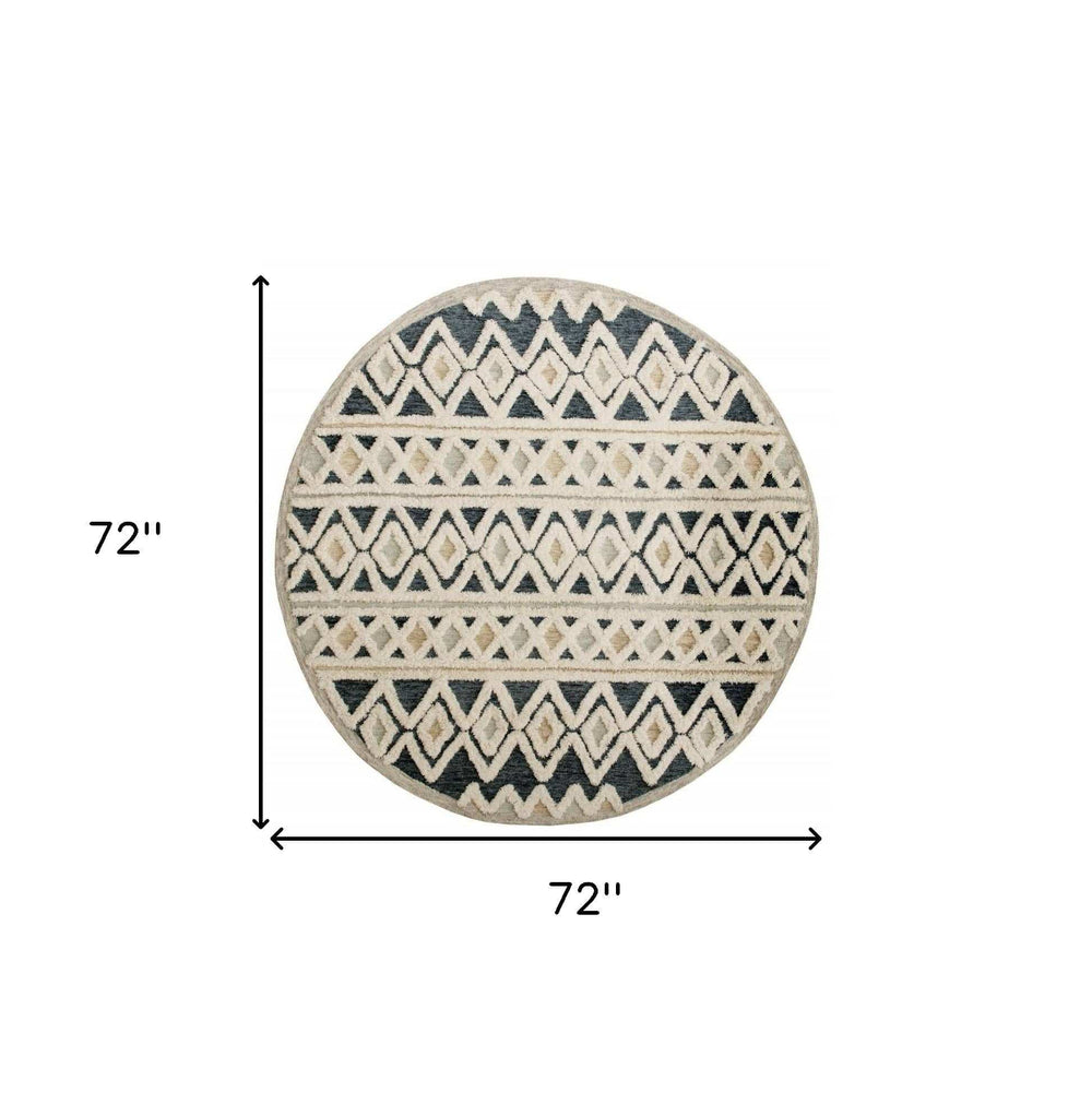 6' Round Blue and Cream Striped Diamonds Area Rug - Homeroots - Flyclothing LLC