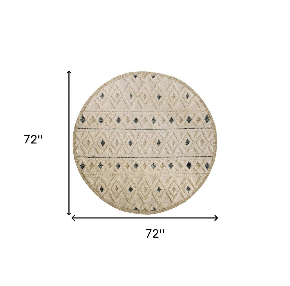 6' Round Cream and Blue Striped Diamonds Area Rug - Homeroots - Flyclothing LLC