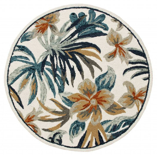 4' Round Blue and White Tropical Area Rug - Homeroots - Flyclothing LLC