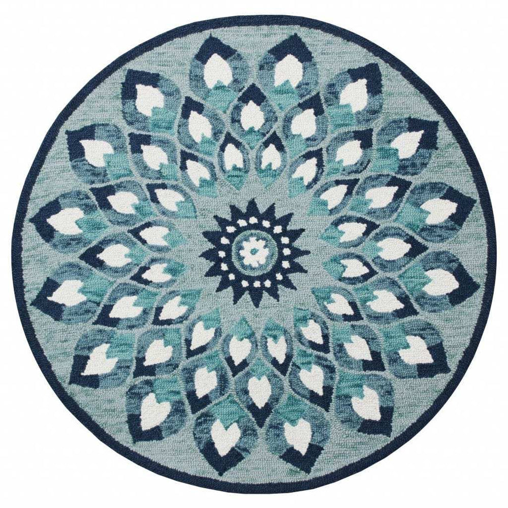 4' Round Blue and White Floral Feather Area Rug - Homeroots - Flyclothing LLC