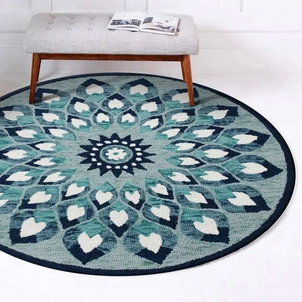 4' Round Blue and White Floral Feather Area Rug - Homeroots - Flyclothing LLC