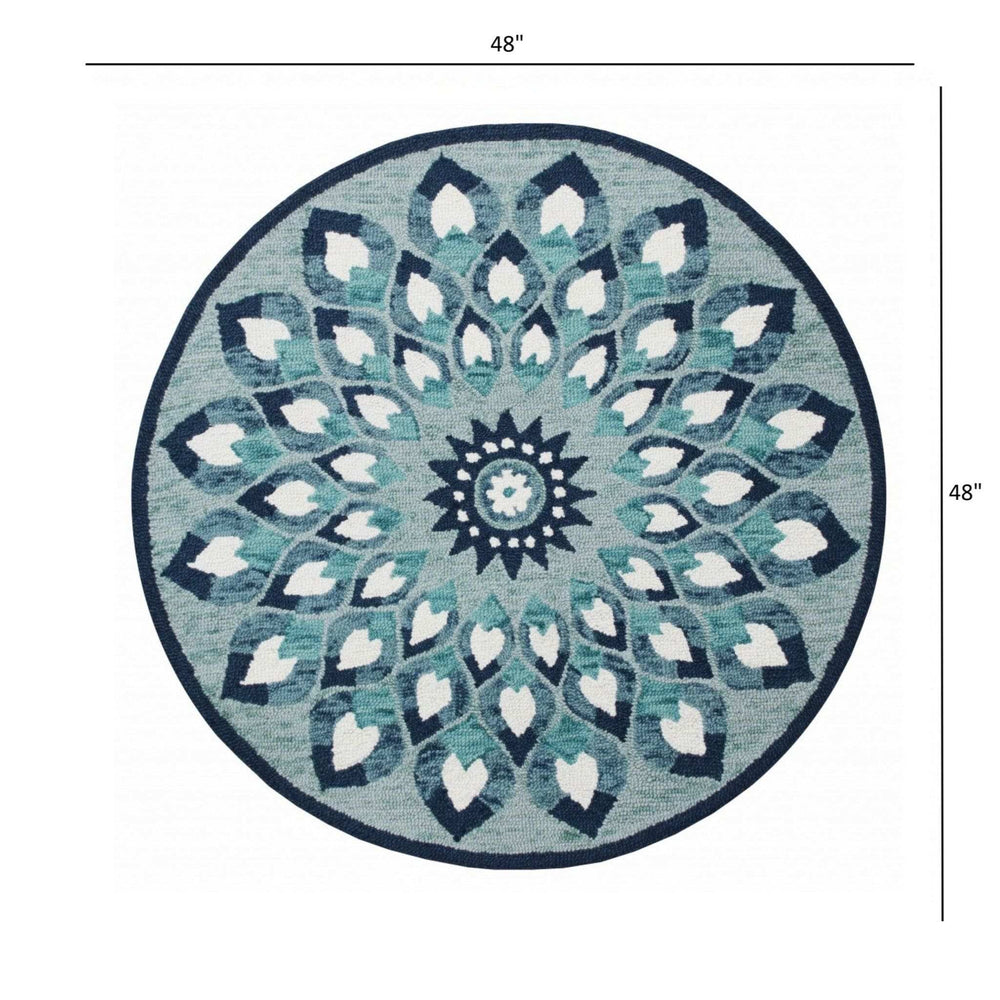 4' Round Blue and White Floral Feather Area Rug - Homeroots - Flyclothing LLC