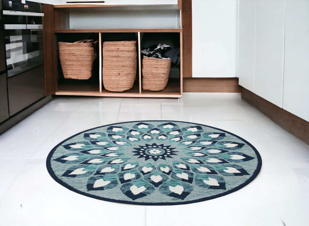 4' Round Blue and White Floral Feather Area Rug - Homeroots - Flyclothing LLC