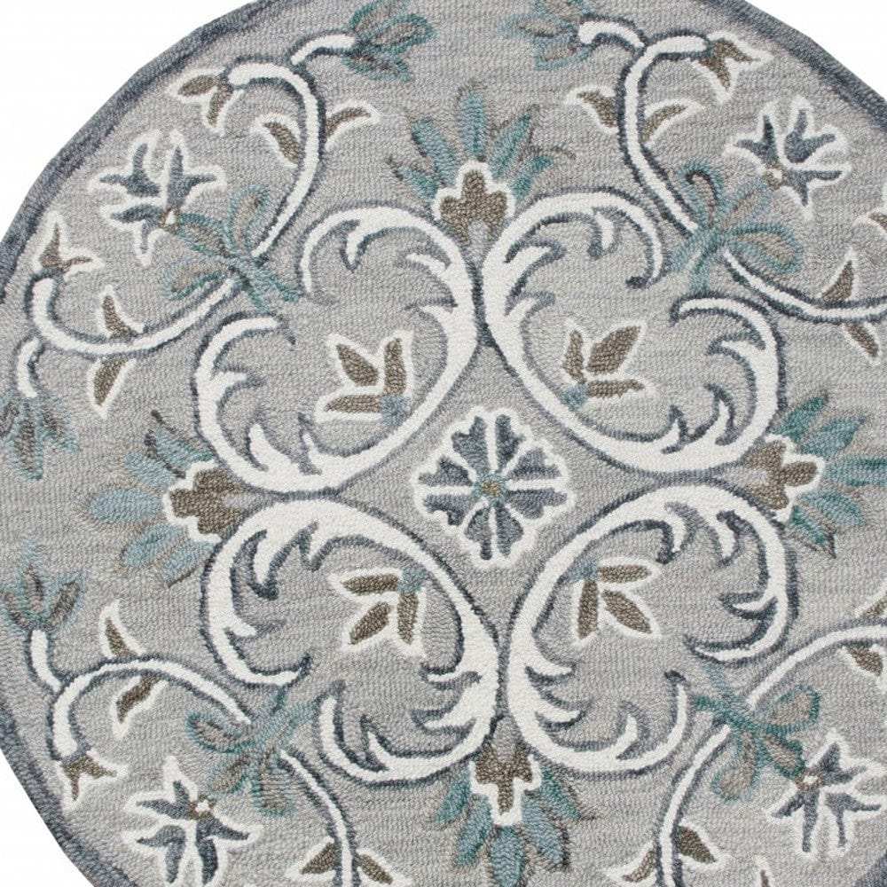 4' Round Gray and White Filigree Area Rug - Homeroots - Flyclothing LLC