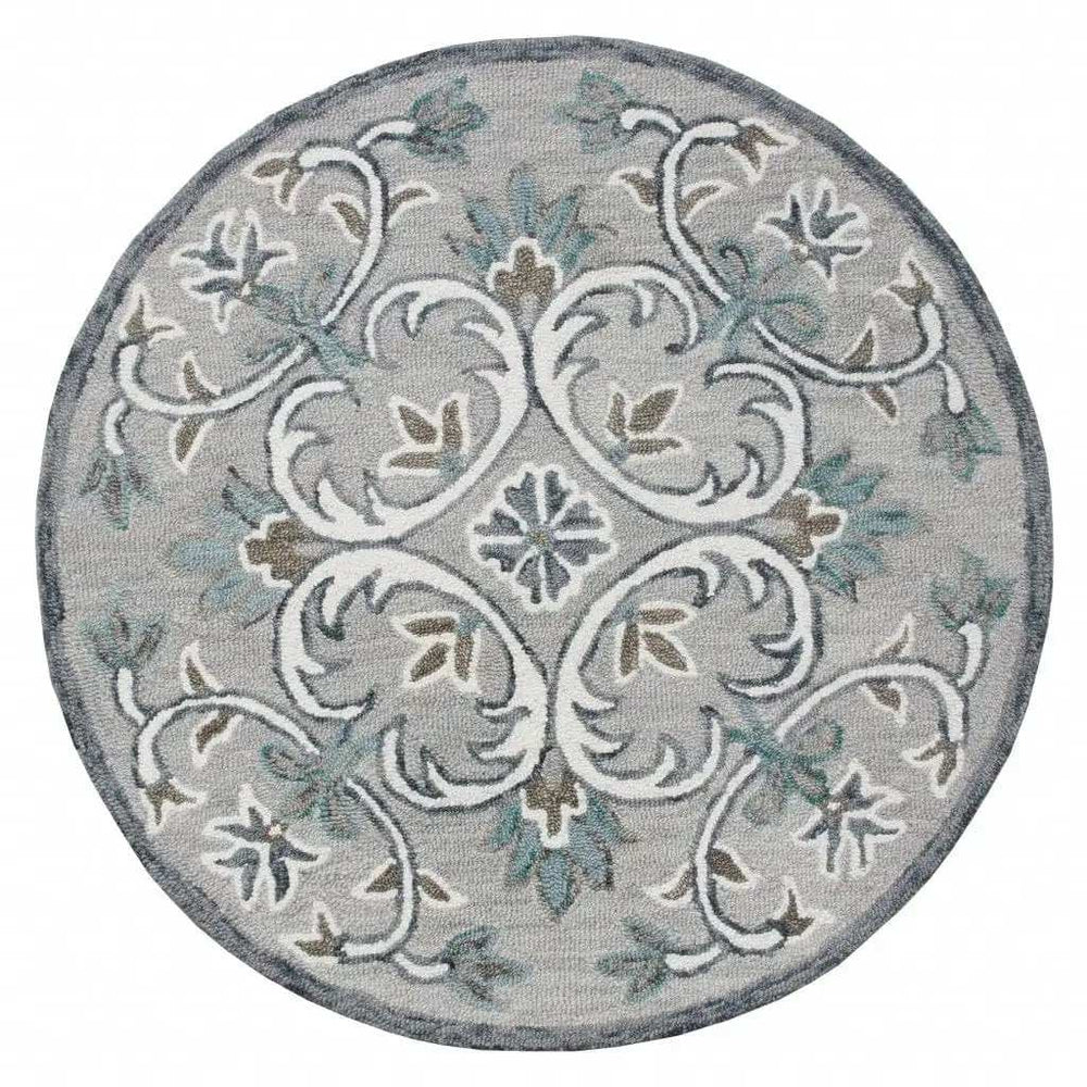 4' Round Gray and White Filigree Area Rug - Homeroots - Flyclothing LLC