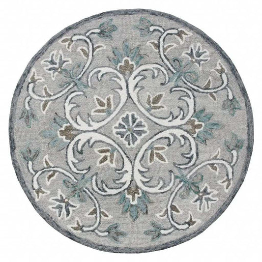 4' Round Gray and White Filigree Area Rug - Homeroots - Flyclothing LLC