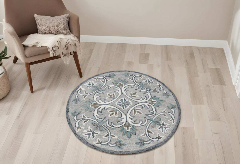 4' Round Gray and White Filigree Area Rug - Homeroots - Flyclothing LLC