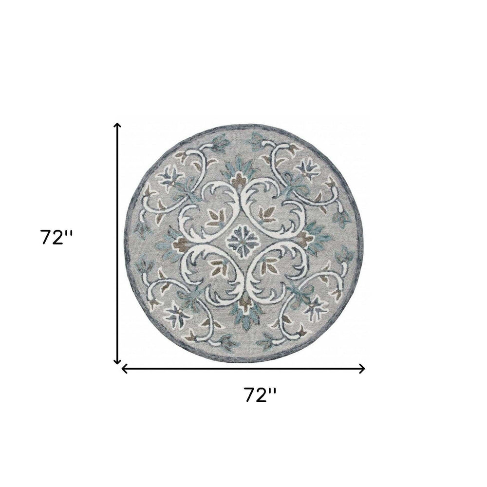 6' Round Gray and White Filigree Area Rug - Homeroots - Flyclothing LLC