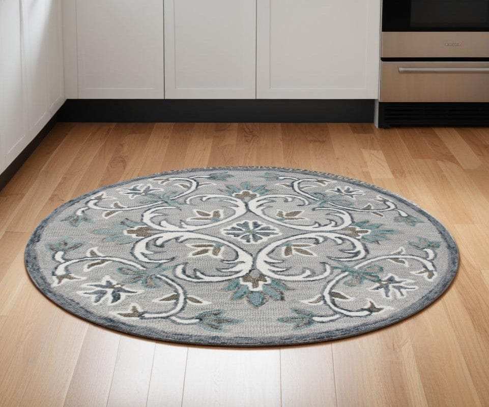 6' Round Gray and White Filigree Area Rug - Homeroots - Flyclothing LLC
