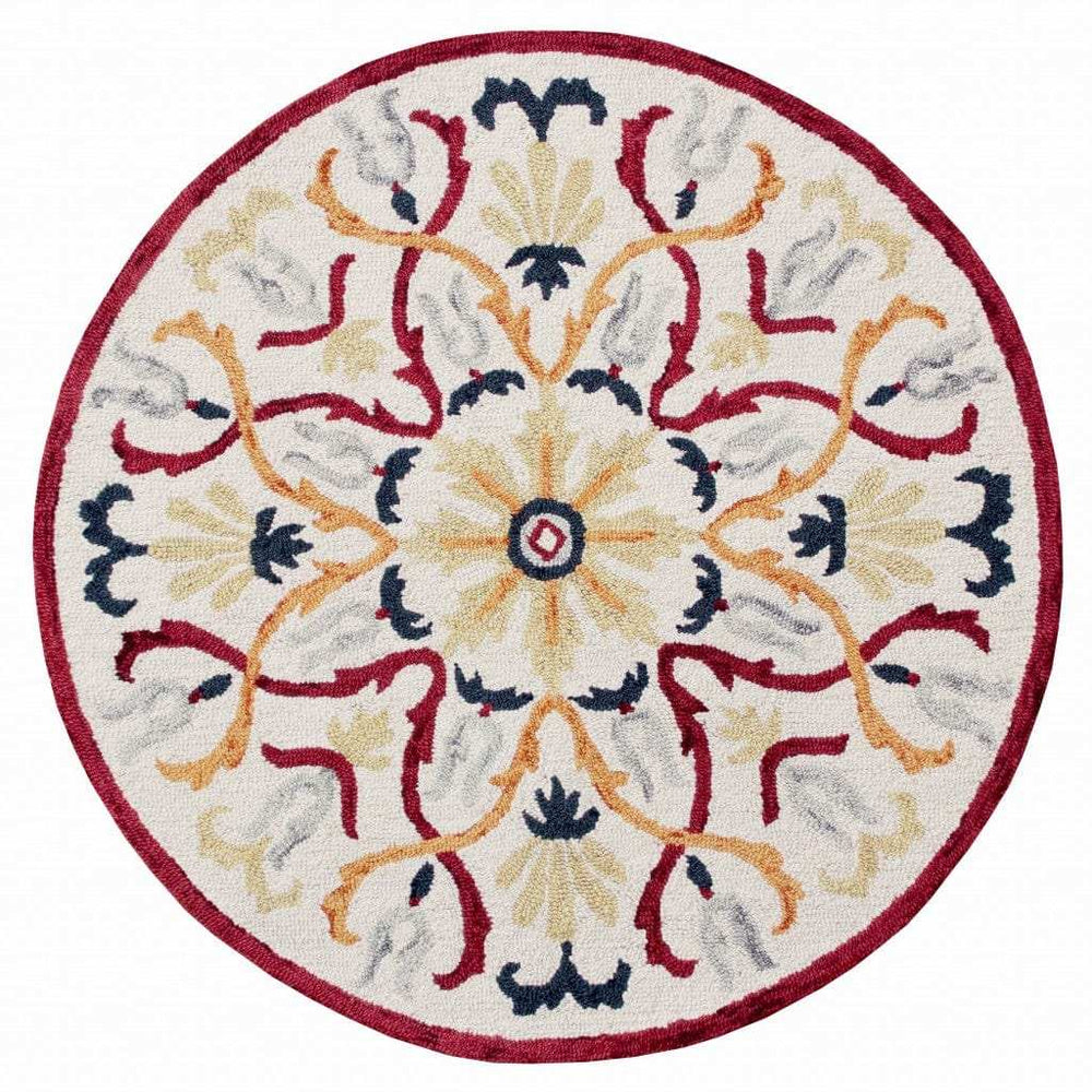 4' Round Red and Ivory Floral Filigree Area Rug - Homeroots - Flyclothing LLC