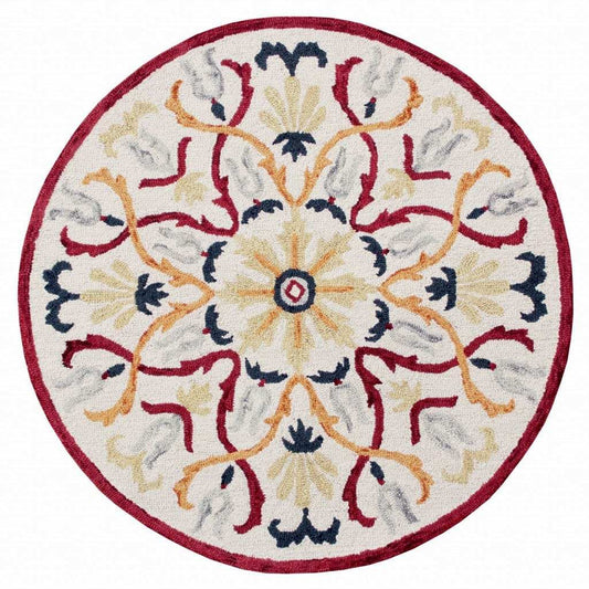 4' Round Red and Ivory Floral Filigree Area Rug - Homeroots - Flyclothing LLC