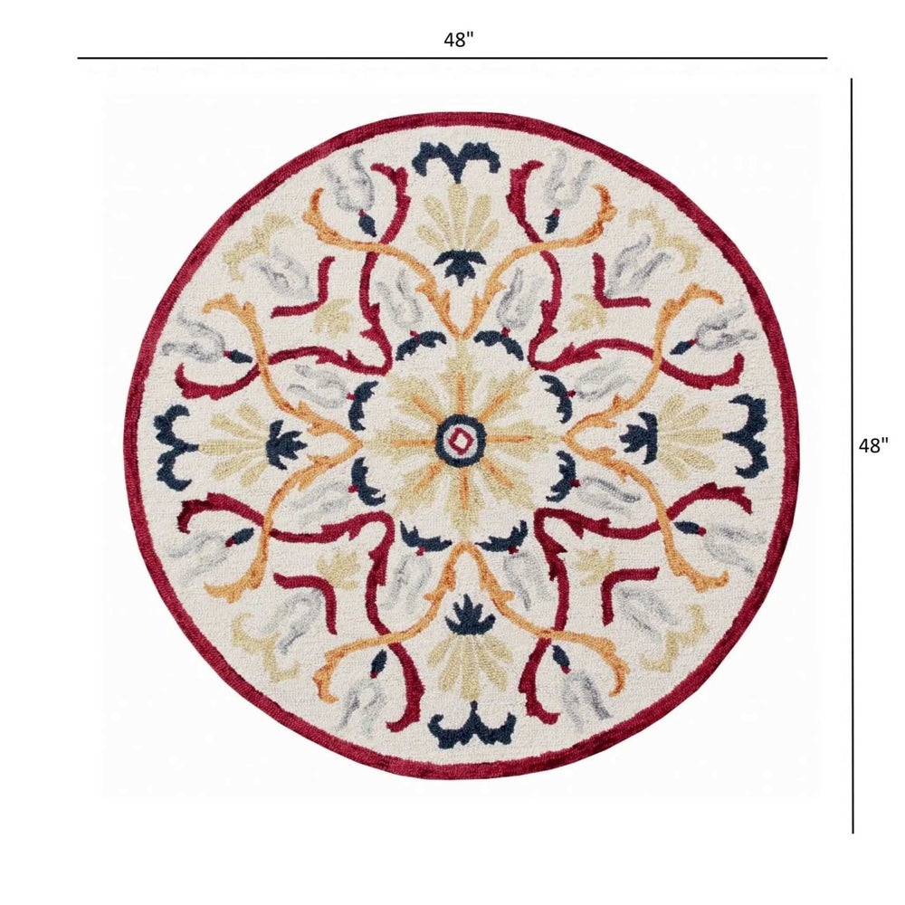 4' Round Red and Ivory Floral Filigree Area Rug - Homeroots - Flyclothing LLC