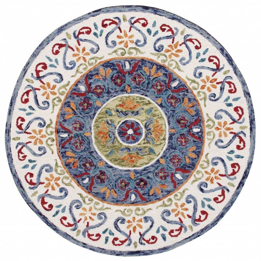 4' Round Blue and White Ornate Medallion Area Rug - Homeroots - Flyclothing LLC