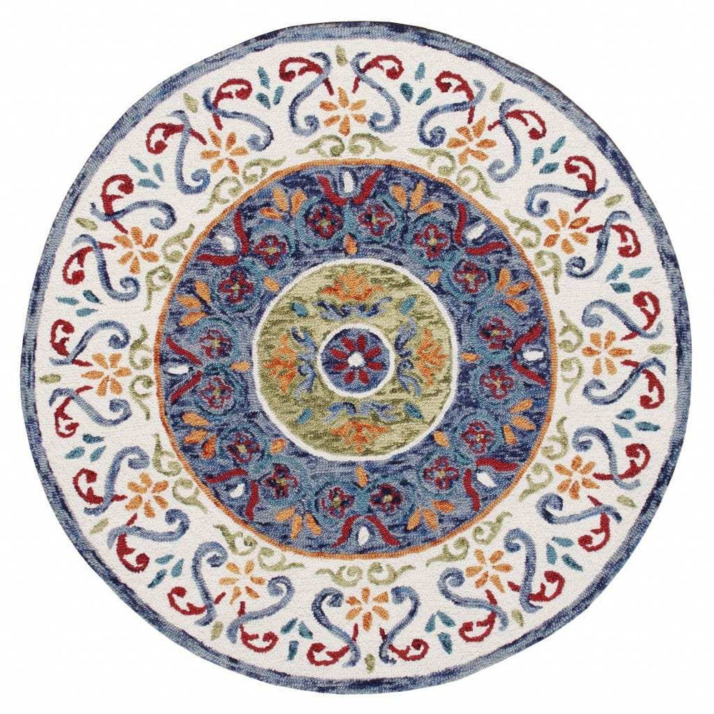 4' Round Blue and White Ornate Medallion Area Rug - Homeroots - Flyclothing LLC