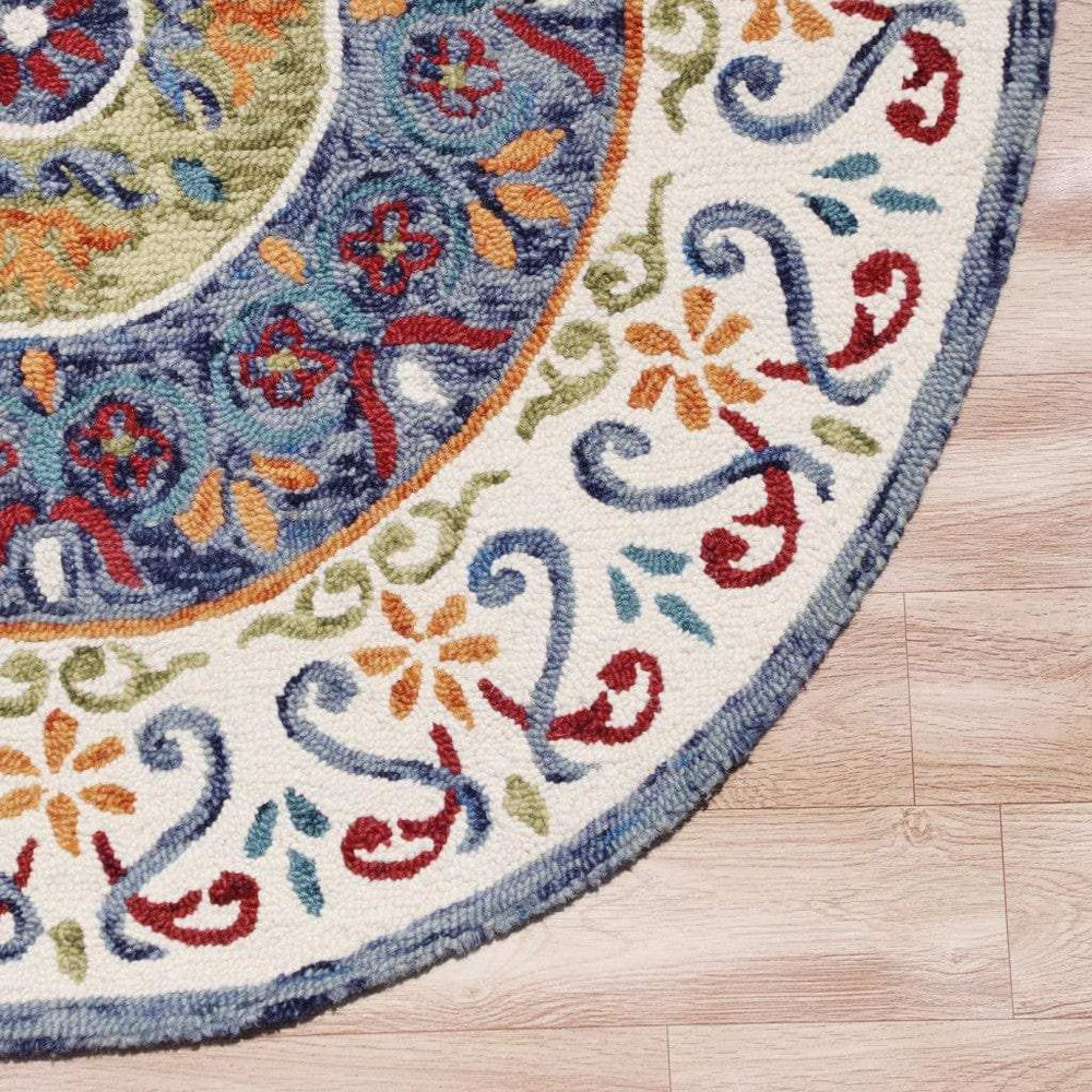 4' Round Blue and White Ornate Medallion Area Rug - Homeroots - Flyclothing LLC