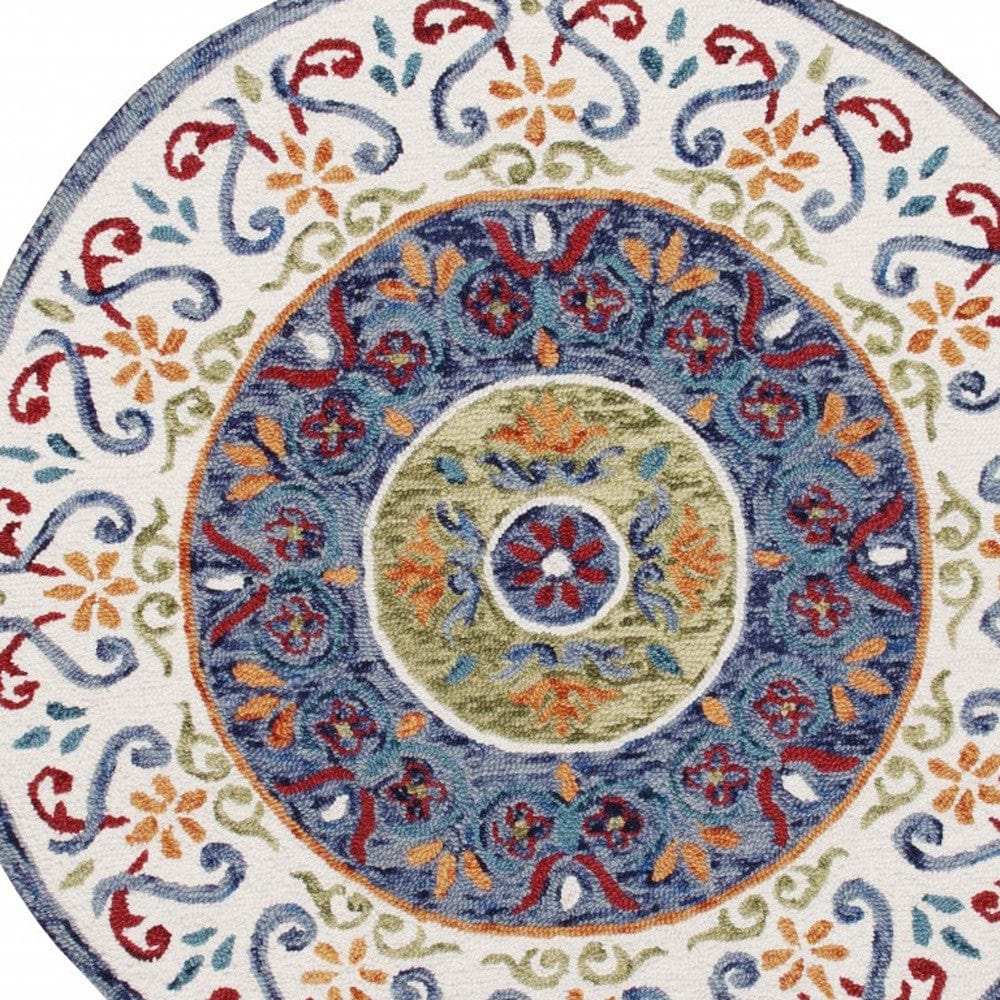 4' Round Blue and White Ornate Medallion Area Rug - Homeroots - Flyclothing LLC