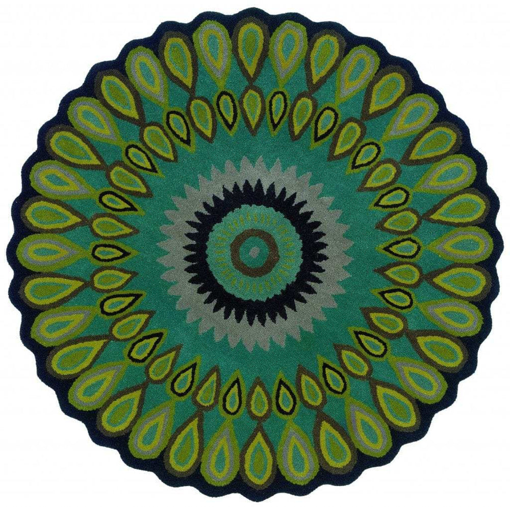 5' Round Green Peacock Feather Area Rug - Homeroots - Flyclothing LLC