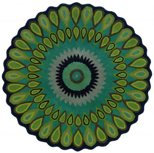 5' Round Green Peacock Feather Area Rug - Homeroots - Flyclothing LLC