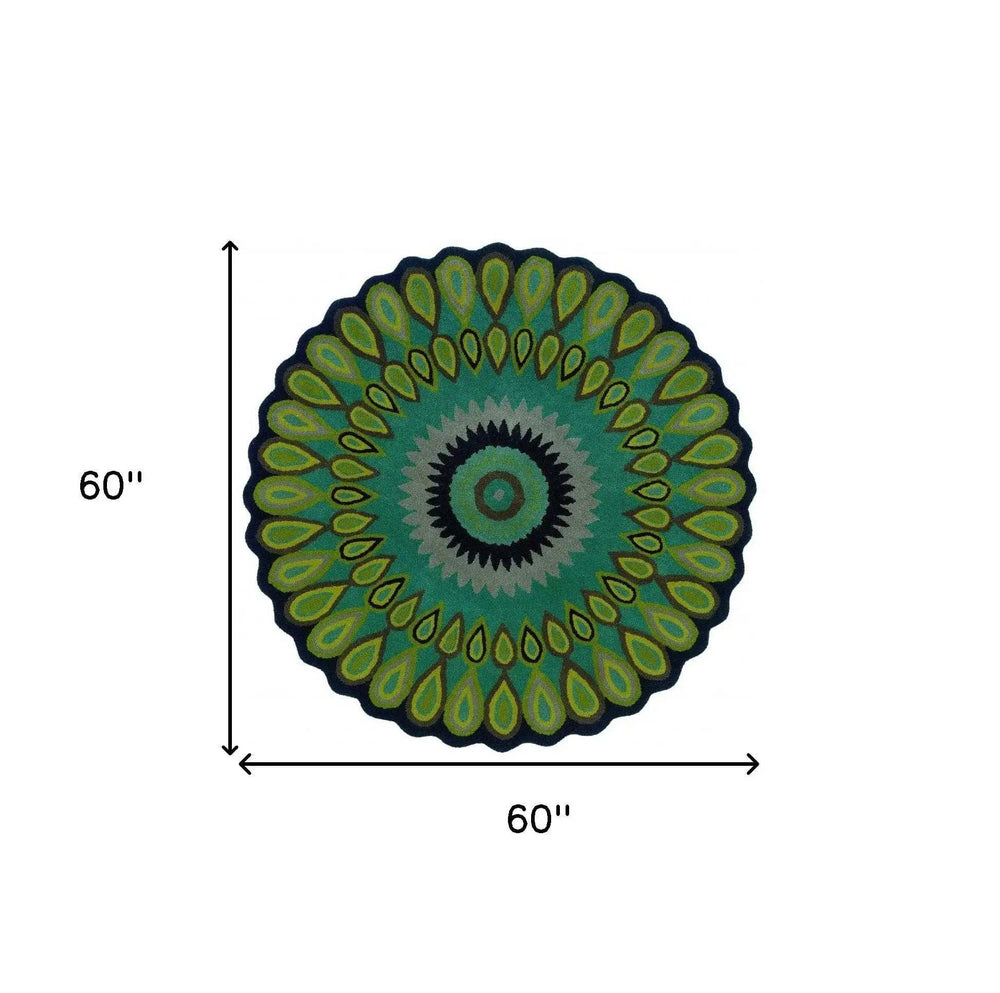 5' Round Green Peacock Feather Area Rug - Homeroots - Flyclothing LLC