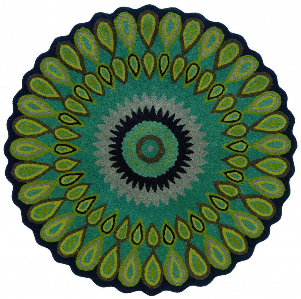 8’ Round Green Peacock Feather Area Rug - Homeroots - Flyclothing LLC