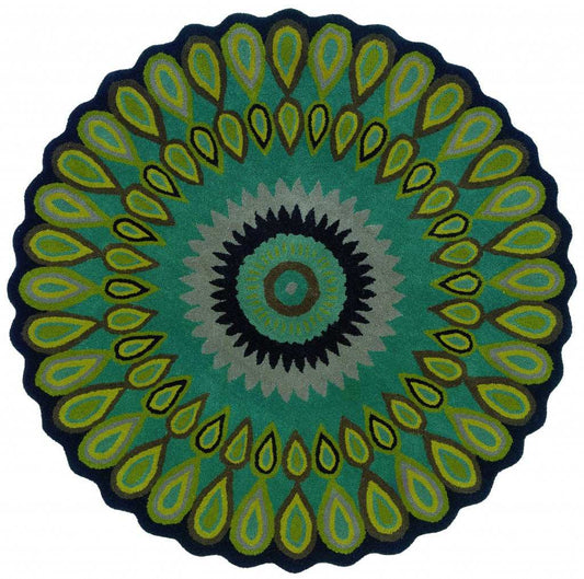 8’ Round Green Peacock Feather Area Rug - Homeroots - Flyclothing LLC