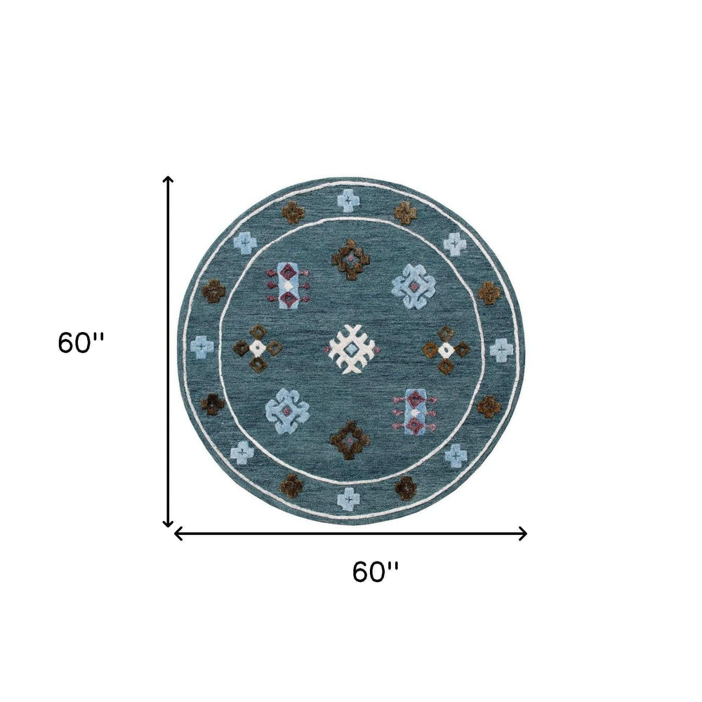 5' Blue Round Wool Hand Hooked Handmade Area Rug - Homeroots - Flyclothing LLC