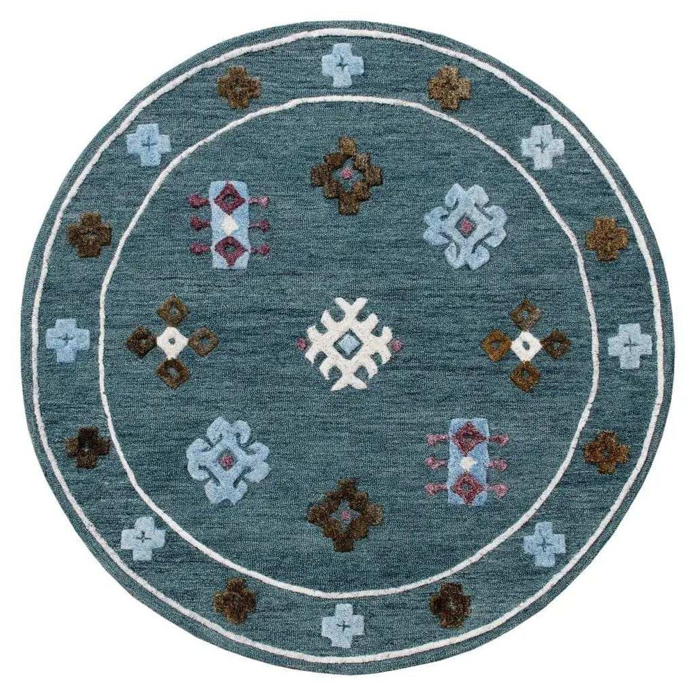 7' Blue Round Wool Hand Hooked Handmade Area Rug - Homeroots - Flyclothing LLC